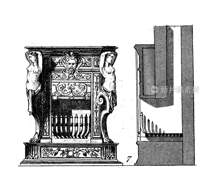 古董插画:建筑与建筑:法式壁炉