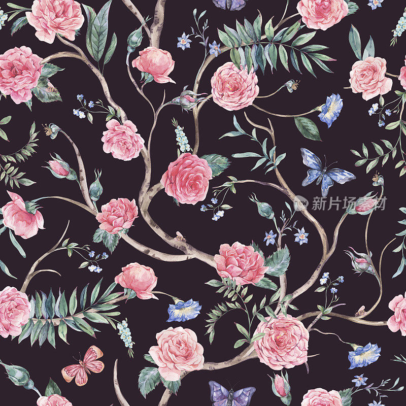 水彩画花园玫瑰花束，开花树无缝图案，黑色上有中国风的花香纹理