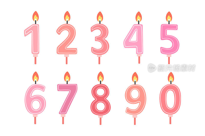 一套生日快乐蜡烛数字。粉红色的颜色。矢量平面设计插图。