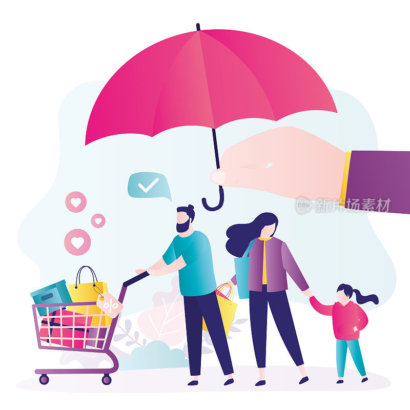 购物过程受到保护。客户维权，家人购物后推着购物车装着包裹和商品。世界消费者权益日，概念。律师手握雨伞。