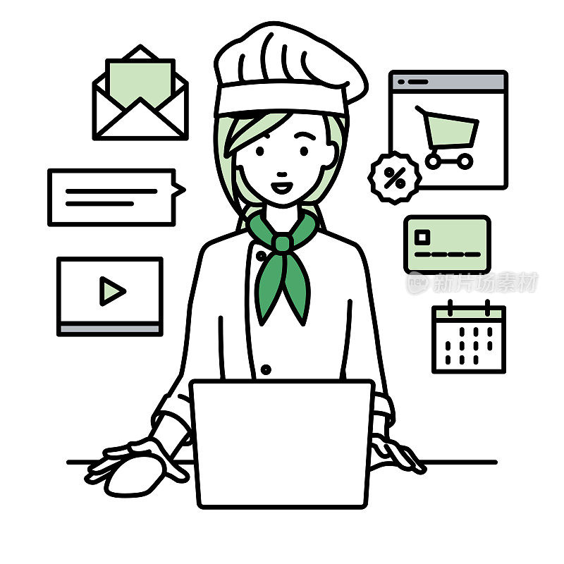 一名女厨师使用笔记本电脑浏览网站、数字营销、支付、管理网上商店和支持客户在她的办公桌上