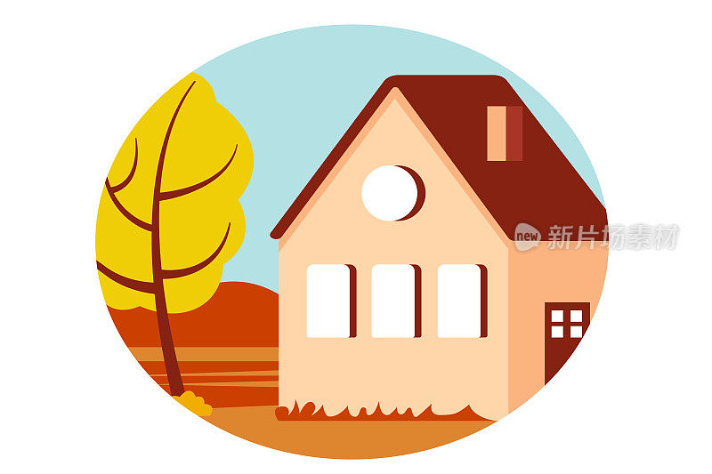 秋天的风景与乡村的房子。漂亮的背景图片。插图。