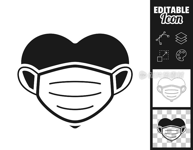 心脏用医用口罩保护面部。图标设计。轻松地编辑