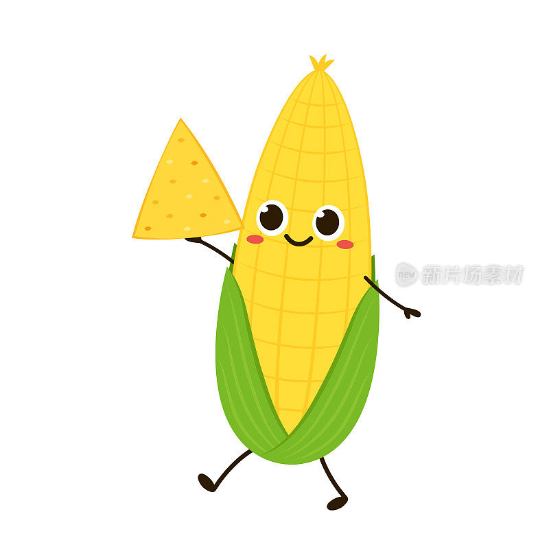 玉米和玉米片的卡通矢量。可爱的蔬菜矢量人物孤立在白色上。玉米的吉祥物。