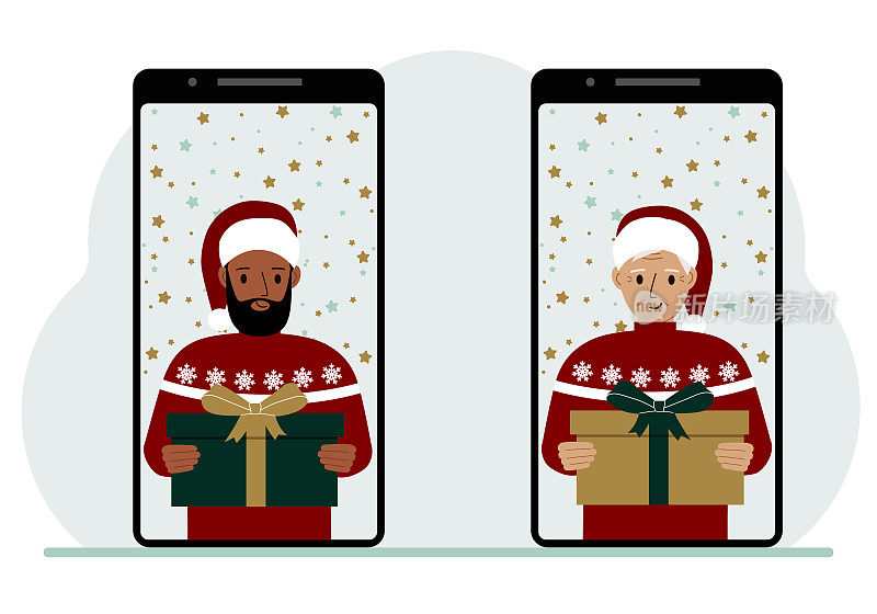 一名男子和一名男子通过手机视频会议在网上见面，虚拟讨论圣诞和新年假期和礼物。