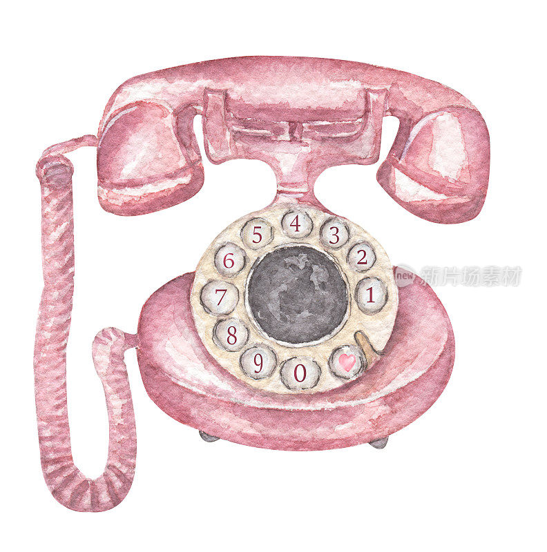 水彩手绘复古电话剪贴画，粉色旋转盘古董电话插图。剪贴簿元素，卡片制作