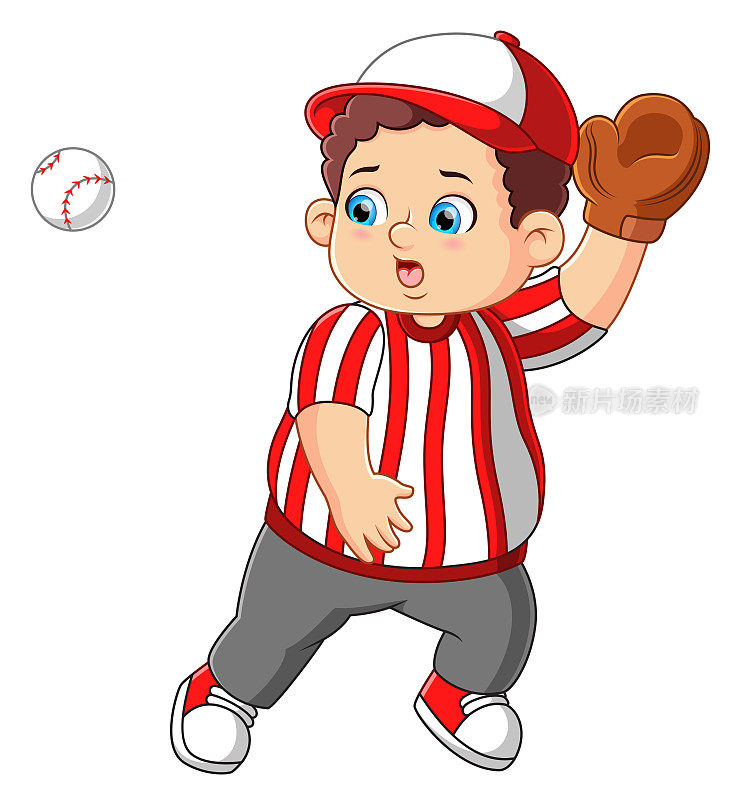 一个穿着棒球服的男孩正在接球