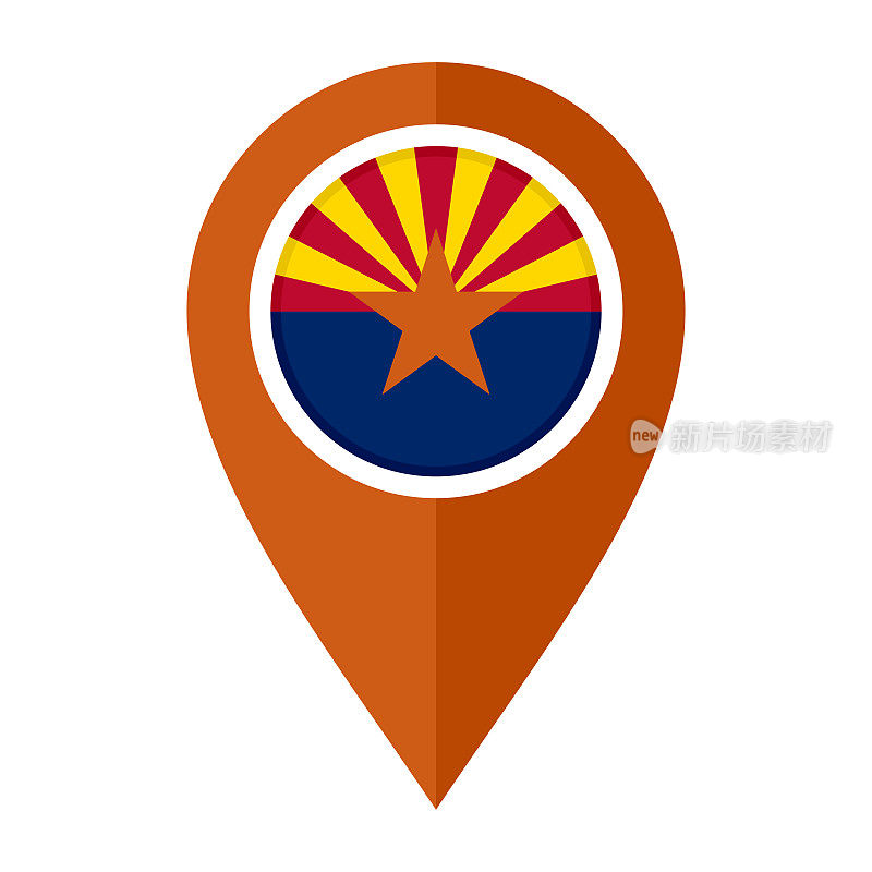 平面地图标记图标与亚利桑那州的旗帜。矢量插图孤立在白色背景上