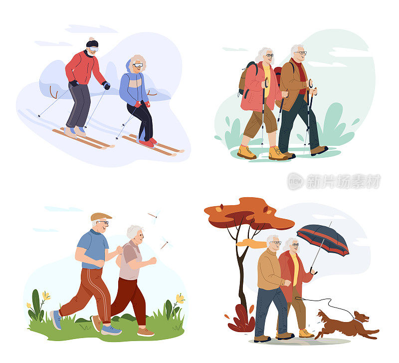 老夫妇在不同的季节会花时间在户外。活跃的退休。卡通快乐的老年男女享受户外体育活动。矢量平面插图孤立在白色上。