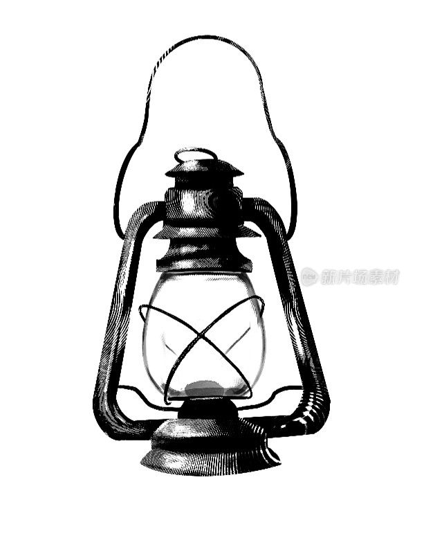 雕刻煤气灯。逼真的煤气灯插图。黑白画法