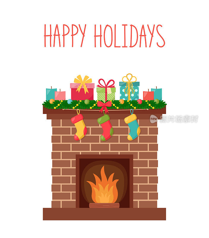 圣诞快乐，新年快乐。带有圣诞装饰的壁炉。矢量图