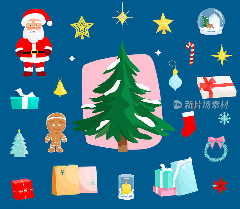 卡通圣诞树和礼物，一套矢量装饰