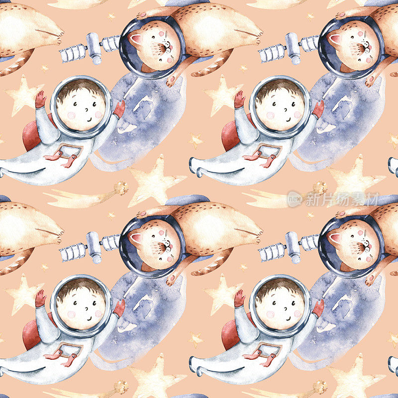 航天员无缝图案。宇宙孩子婴儿男孩女孩大象，狐狸猫和兔子，太空服，宇航员恒星，行星，月球，火箭和航天飞机水彩飞船背景