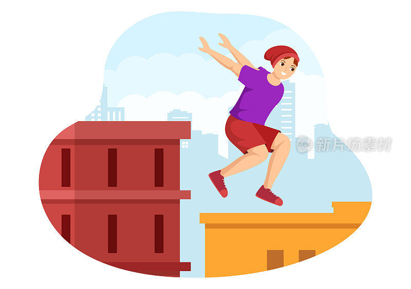 跑酷运动与年轻人跳过墙壁和障碍在城市街道和建筑平面卡通手绘模板插图