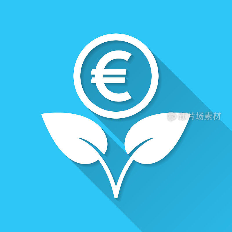 日益增长的欧元。图标在蓝色背景-平面设计与长阴影