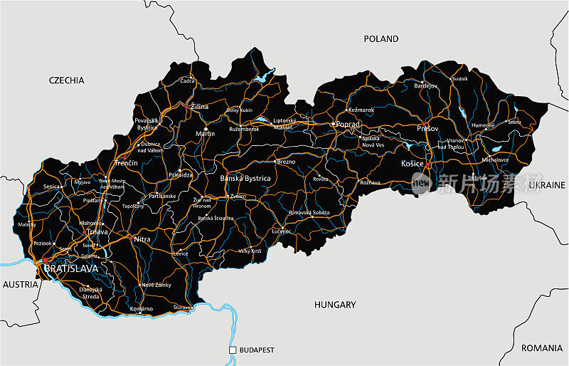 高度详细的斯洛伐克路线图与标签。