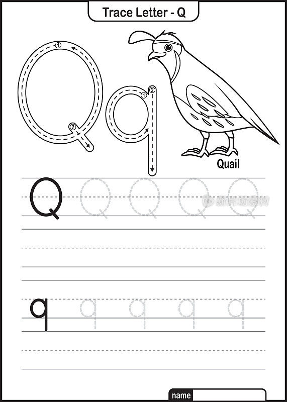 字母跟踪字母A到Z学龄前工作表与字母Q鹌鹑亲矢量