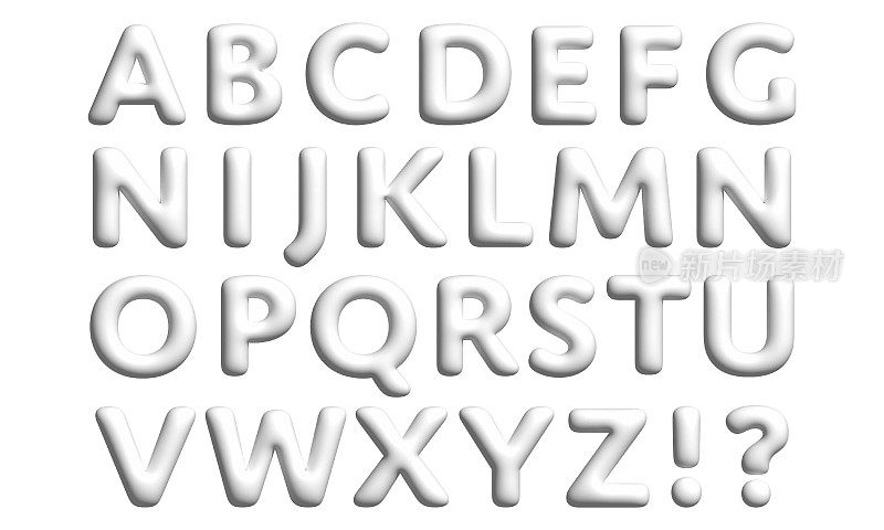 白色3D字体的英文字母w标点符号，疑问句和感叹词