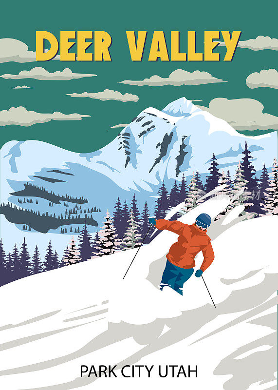 旅游海报滑雪鹿谷度假村复古