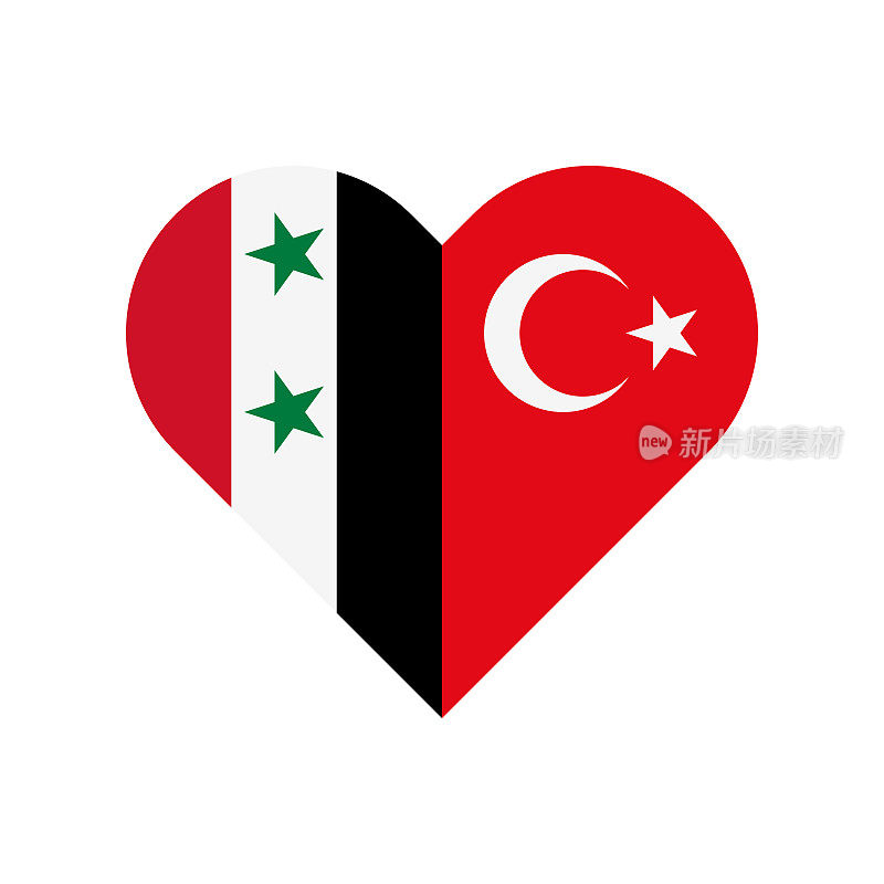 统一的概念。叙利亚和土耳其国旗的心形图标。矢量插图隔离在白色背景上