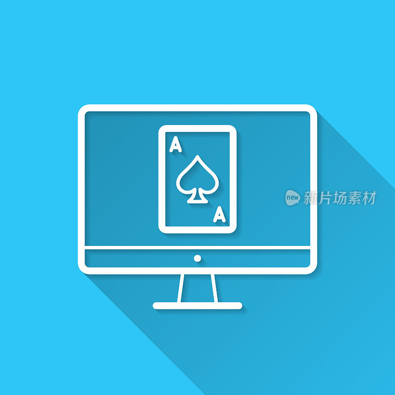 台式电脑带扑克牌。图标在蓝色背景-平面设计与长阴影