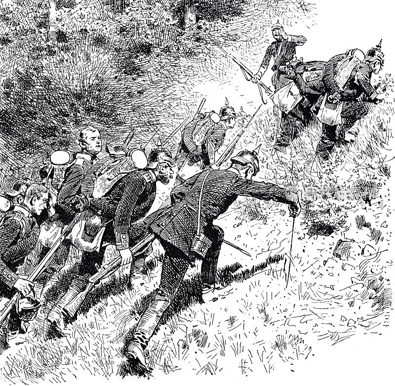 德法战争1870年，德国士兵爬上一座小山