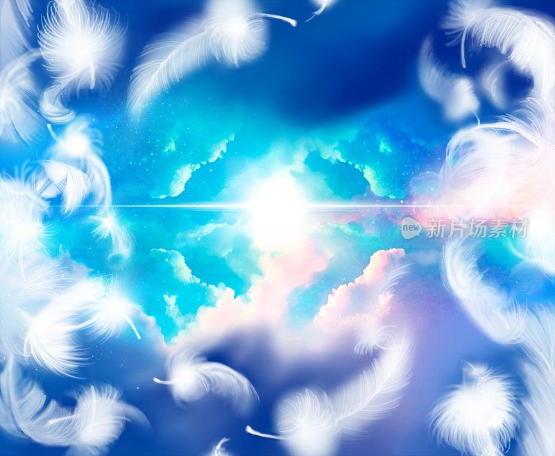 透过飘落的白色羽毛和透过云层缝隙的神圣光芒，描绘了通往天堂的神秘云。