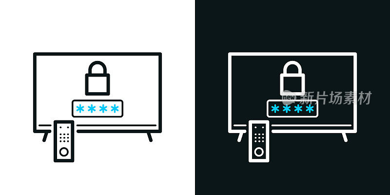 带密码的电视。黑色或白色背景上的双色线条图标-可编辑笔触
