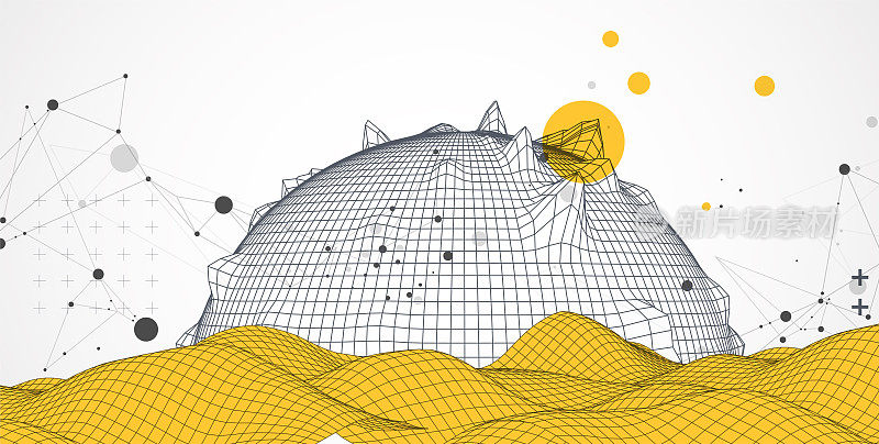 球体主题与连接线在技术风格的背景。线框图说明。摘要三维网格设计。