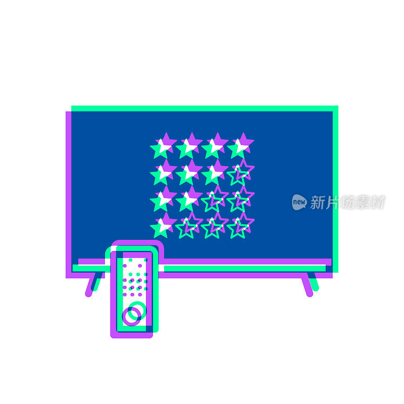 有星级评价的电视。图标与两种颜色叠加在白色背景上