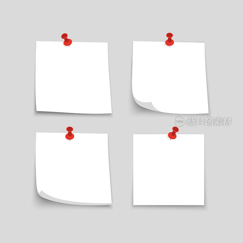 收集各种白色笔记纸。收集笔记与卷曲和阴影，别在红色按钮。现实的纸贴纸为您的信息。矢量图