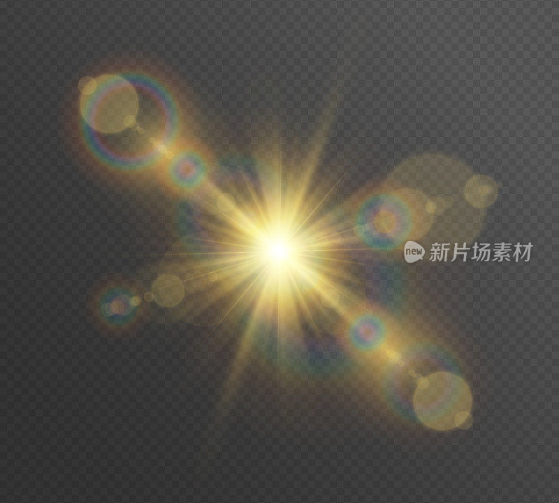 抽象金色前太阳镜片光晕半透明特殊光效设计。矢量模糊运动辉光眩光。隔离透明背景。装饰元素。水平恒星爆发射线和聚光