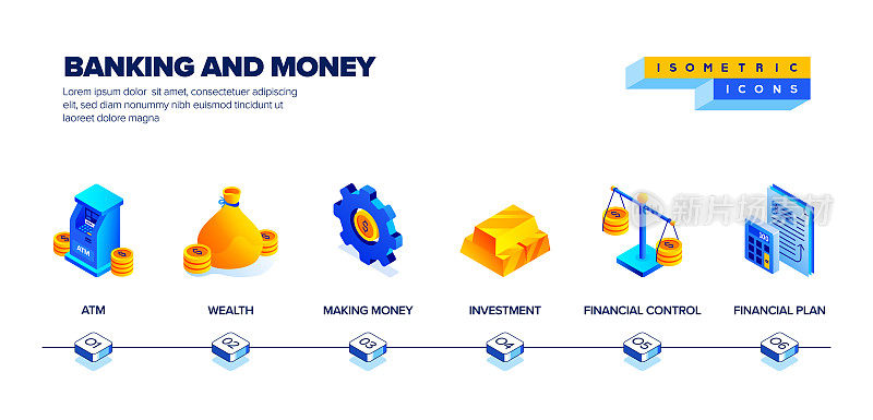 矢量插图银行和货币等距图标集和三维设计。
