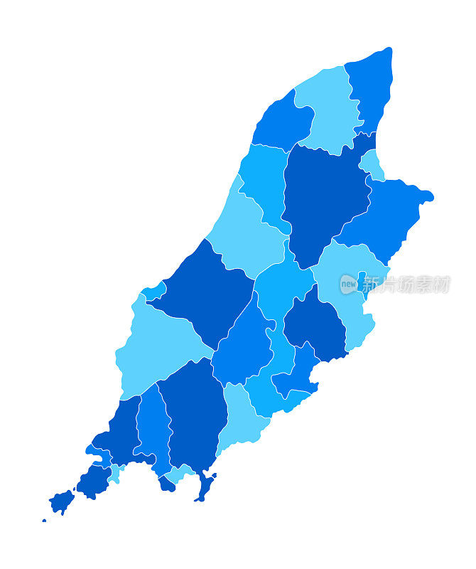 高详细的马恩岛蓝色地图与地区