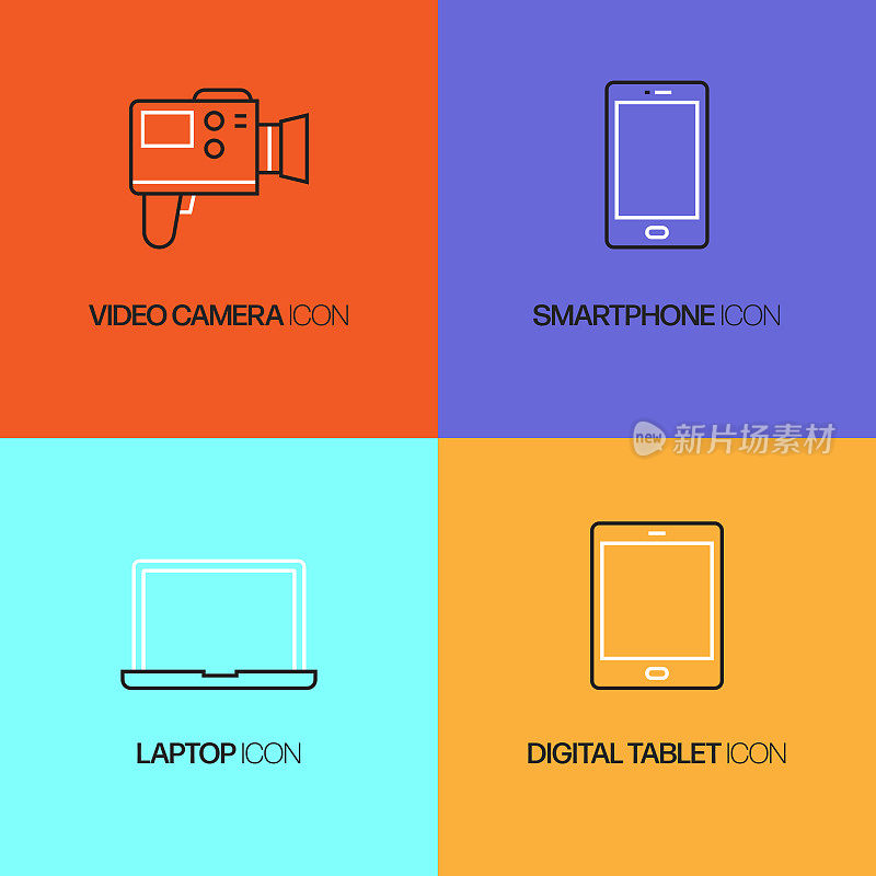 电子设备相关的矢量细线图标。轮廓符号集合