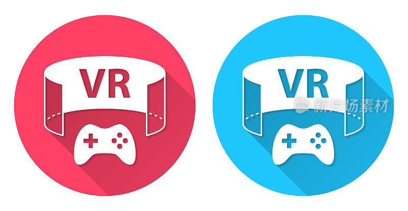 VR游戏――虚拟现实游戏。圆形图标与长阴影在红色或蓝色的背景