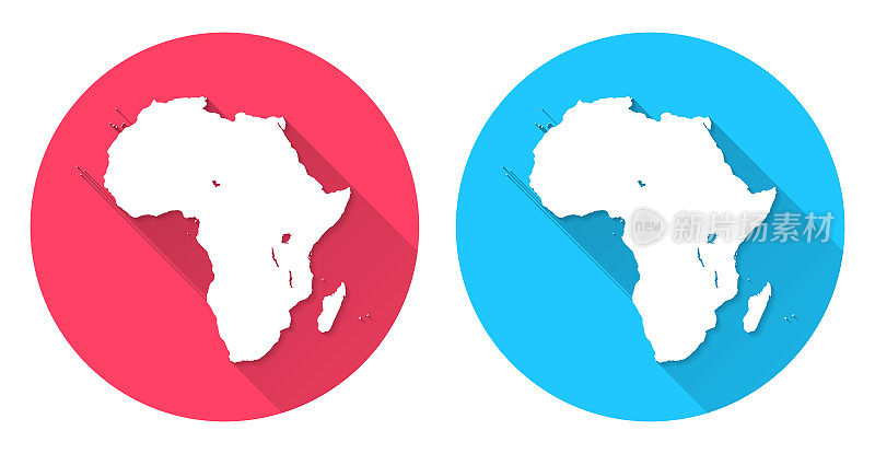 非洲地图。圆形图标与长阴影在红色或蓝色的背景