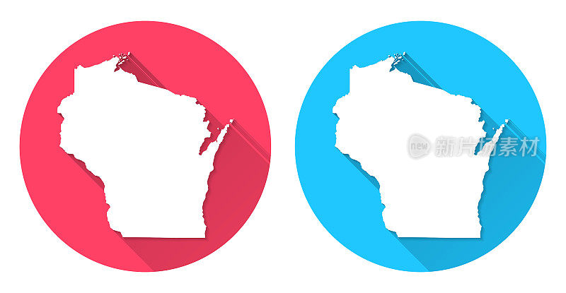威斯康辛州地图。圆形图标与长阴影在红色或蓝色的背景