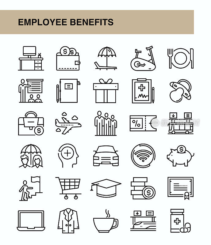 员工福利线图标集说明人力资源，员工，服务，优势，劳工权利