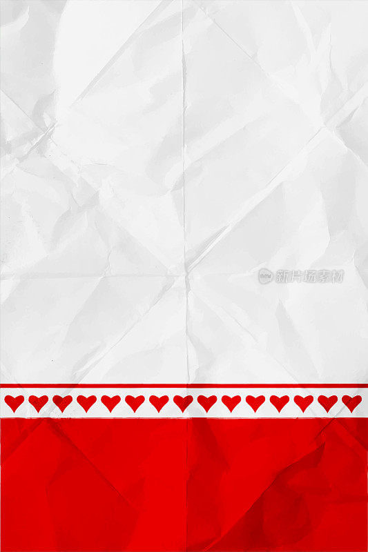 一排纯红色的小心形在纯白色的纹理皱巴巴的白纸矢量情人节主题分为折叠和折痕和底边边界垂直背景