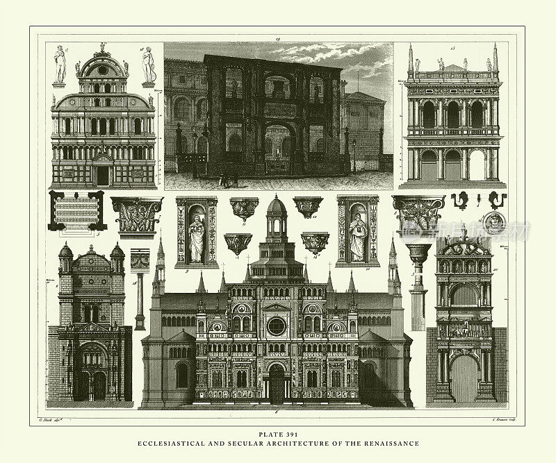 文艺复兴时期雕刻古董、教会和世俗建筑雕刻古董插图，1851年出版