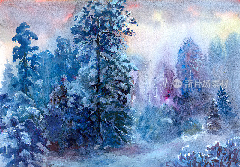 冬季森林，水彩画