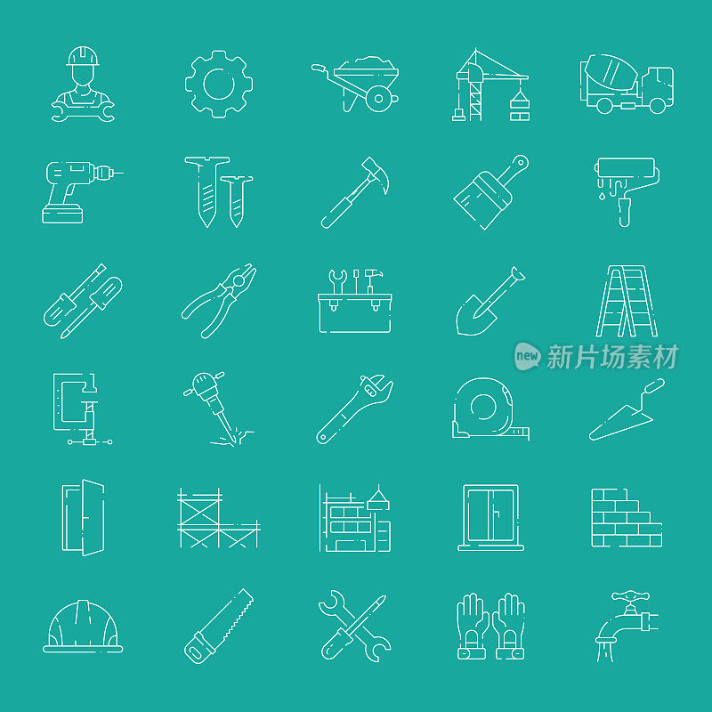 简单的一组建设相关的矢量细线图标。大纲符号集合。