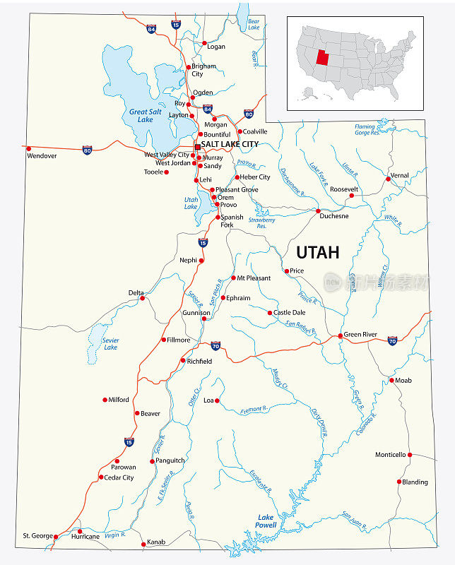 美国犹他州的道路地图