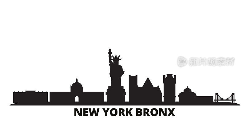 美国纽约布朗克斯区城市天际线孤立矢量插图。美国纽约布朗克斯区旅游黑城景观