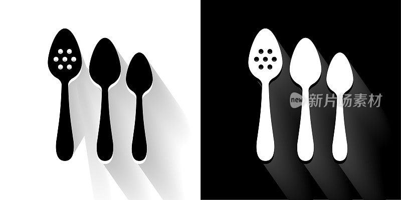 汤匙设置黑色和白色图标与长影子