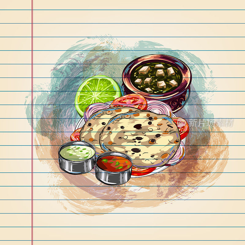 印度烹饪在横格纸上画的薄饼