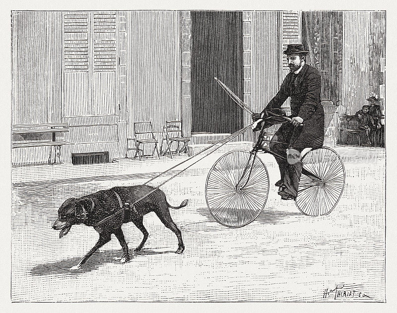 狗拉的自行车，木刻，1895年出版