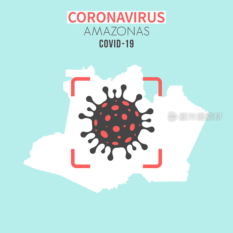 红色取景器上有冠状病毒(COVID-19)细胞的亚马逊雨林地图