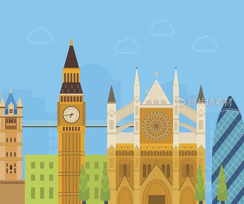 英国伦敦平面图标设计旅游概念。伦敦旅行。